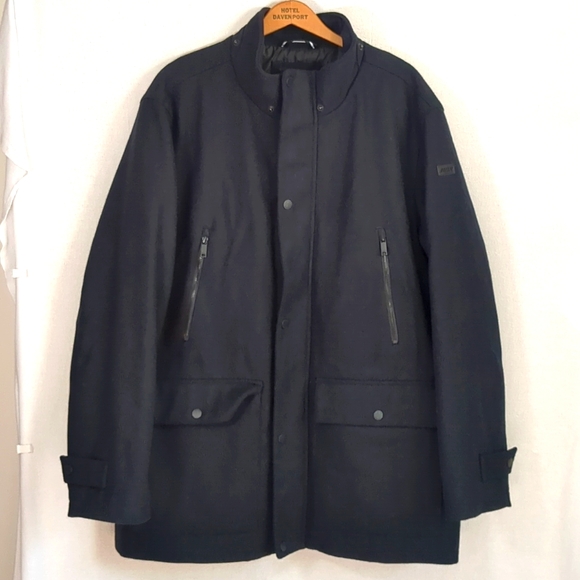 DKNY Men's Mid Length Stadium Wool Blend Coat In Navy Blue Size XL - Picture 1 of 16